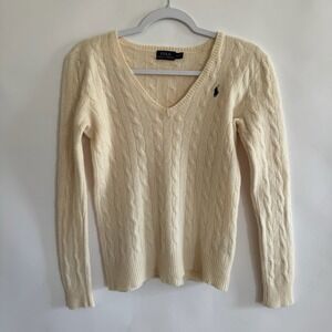 Polo Ralph Lauren Merino Wool Cashmere Cable Knit V Neck Sweater Embroidered Med